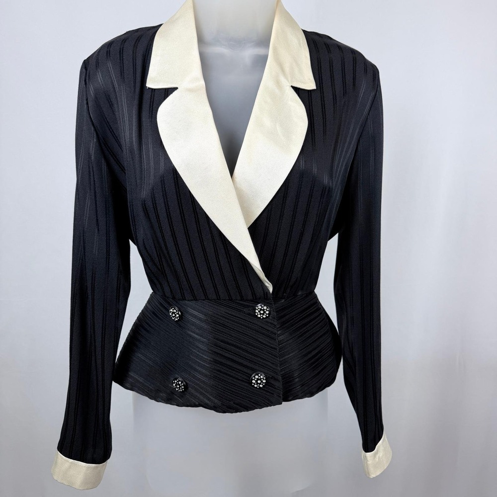 Vintage 80s Sheri Martin Tuxedo Blazer 6P Black Ivory Rhinestone Peplum USA